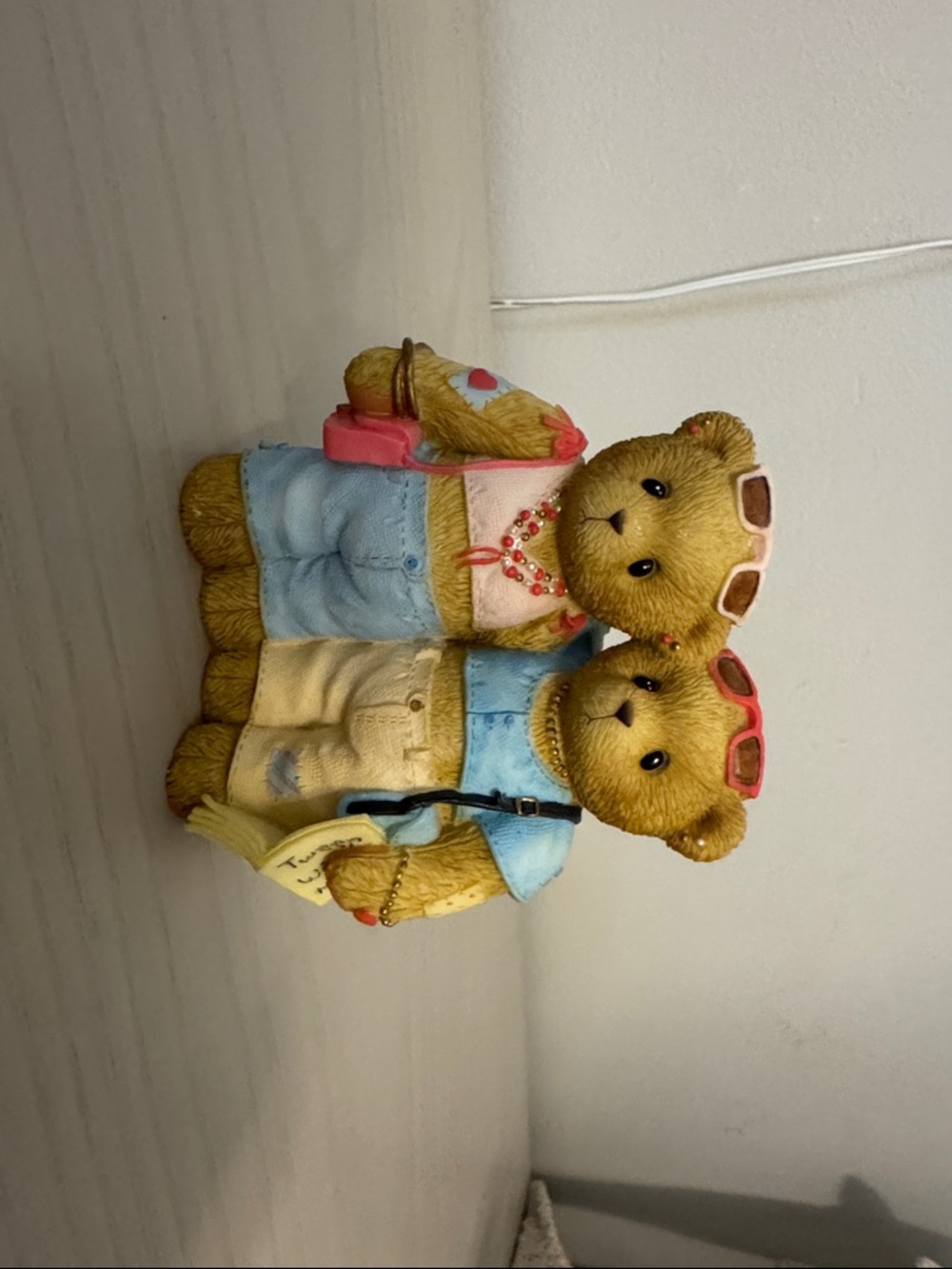 Cherished Teddies Yellow Twin Bears in Blue and Pink Outfits